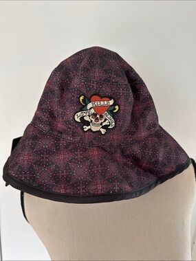 Ed Hardy Burgundy/Black Patterned Bucket Hat Love Kills Slowly Skull Patch
